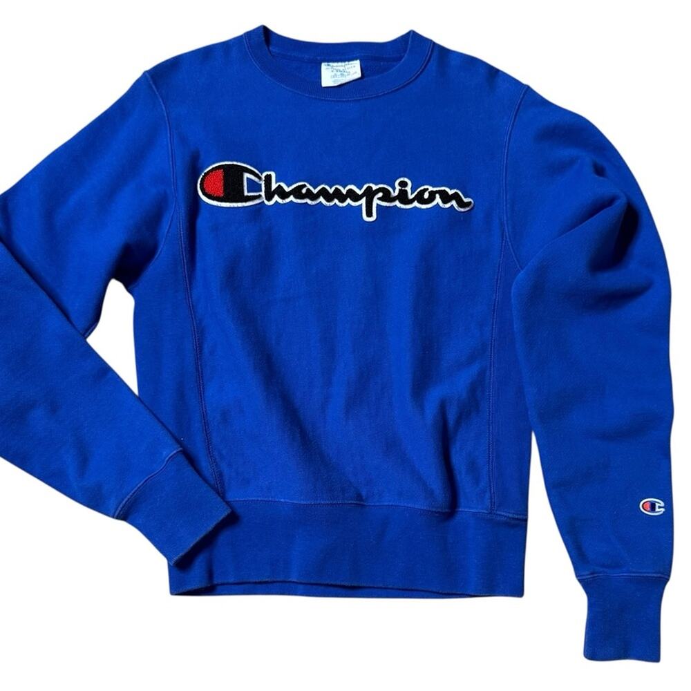 Champion Royal Blue Reverse Weave Appliqué Script Vintage Crew Neck Sweatshirt